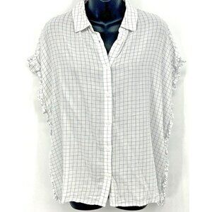 Beach Lunch Lounge Top Blouse Size Medium M White Blue Ruffle Grid Women B28